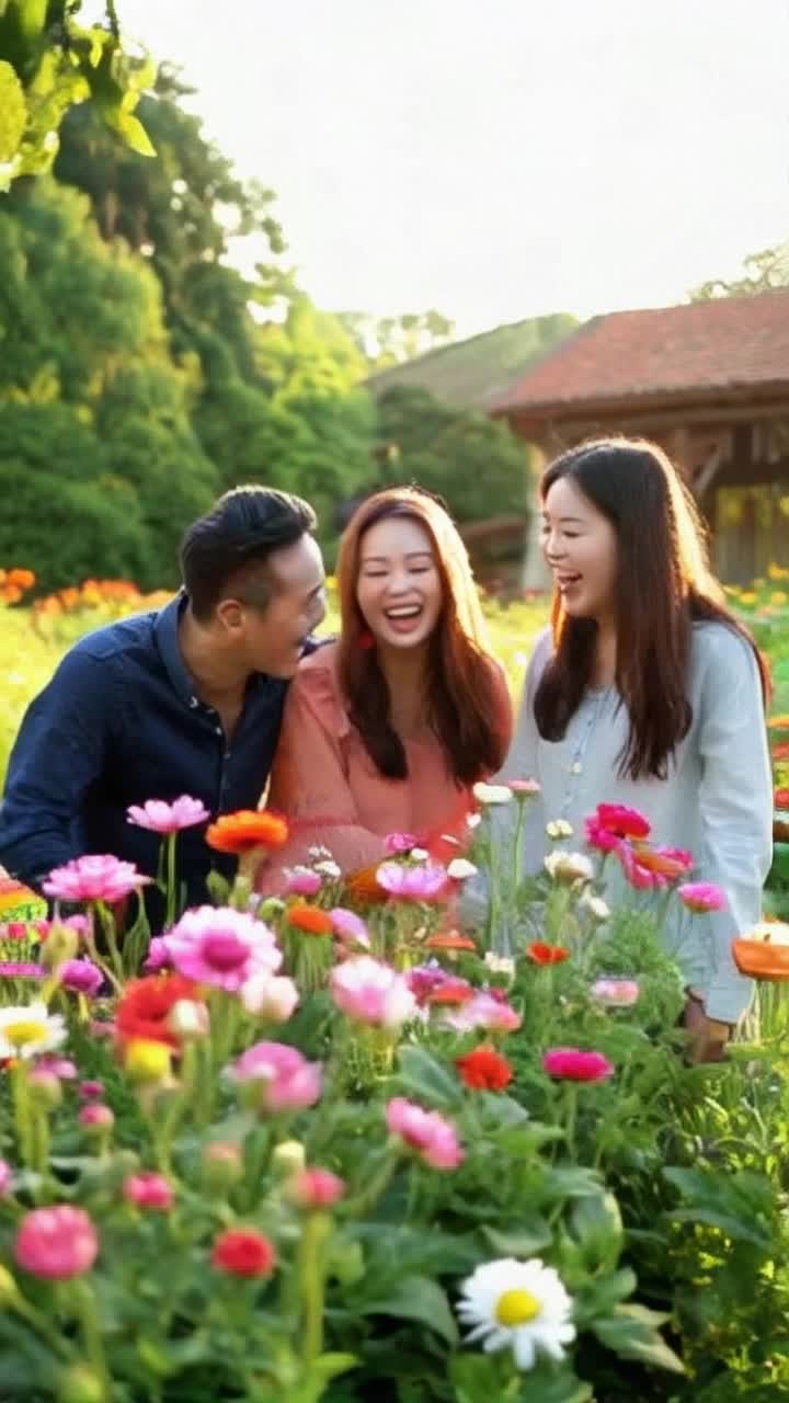 Energetic group of friends laughing together vibrant atmosphere filled with excitement contagious joy bubbling over as they playfully exchange playful banter warm sunlight streaming through lush greenery surrounding them colorful flowers popping in the background cheerful music playing softly creating a lively ambiance