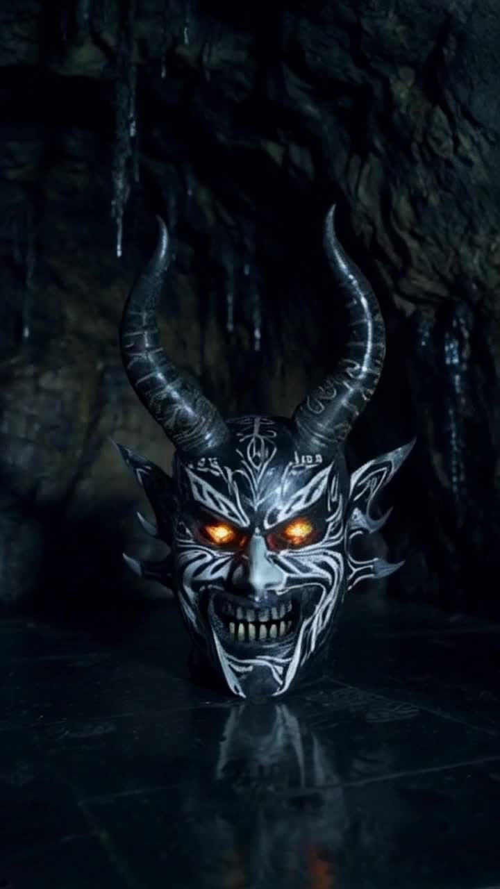 Sinister black and white mask adorned with twisted horns piercing sharp teeth glistening with dark sludge haunting glowing evil eyes filled with malice intricate engraved runes spiraling across surface emanating an aura of dread menacingly advances towards viewer shadows flickering in dimly lit cavern stone walls slick with moisture echoing distant dripping sounds whispering secrets of ancient curses
