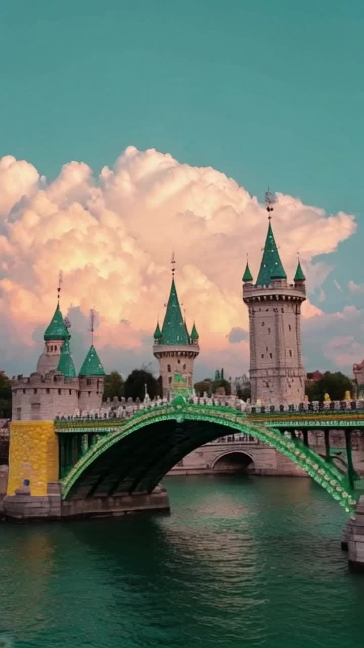 A bedazzled green to yellow ombre gemstone bridge, spanning between two grand castles, suspended in the sapphire sky, trailed by fluffy peach colored clouds, serene atmosphere, 4k high resolution, 1080 pixels, panning camera motion, description by csherriereevoices 