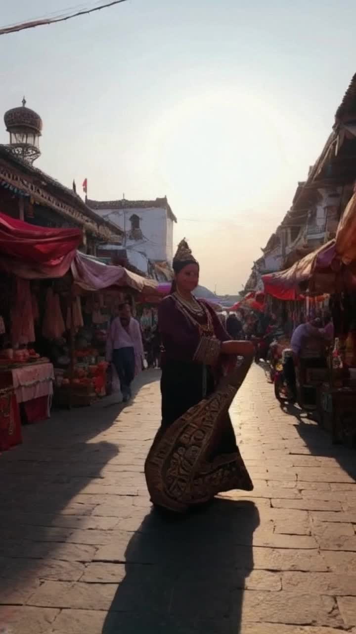 Ethereal figure of Hasamu Khan adorned in vibrant traditional attire exuding charisma twirls gracefully through a bustling marketplace filled with colorful stalls displaying exotic spices and handcrafted jewelry sundrenched beams filtering through fluttering fabric awnings casting playful shadows reflecting rich cultural heritage vibrant chatter and laughter creating a lively atmosphere melody of distant instruments weaving through the air celebrating lifes vibrancy