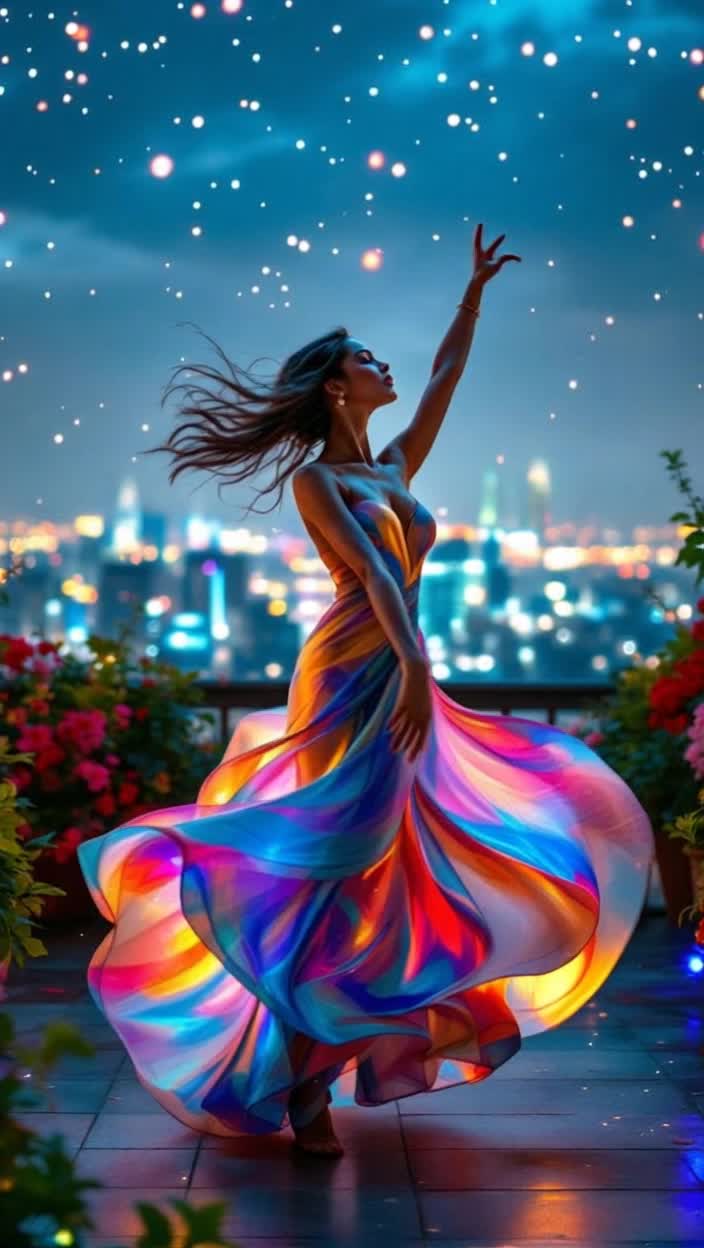 Glistening graceful women twirling in flowing silk dresses vibrant colors radiating elegance and charm twinkling lights illuminating the night sky enchanting rhythms echoing through the air mesmerizing movements captivating onlookers vibrant urban rooftop adorned with lush greenery as a backdrop shimmering city skyline stretching into the horizon