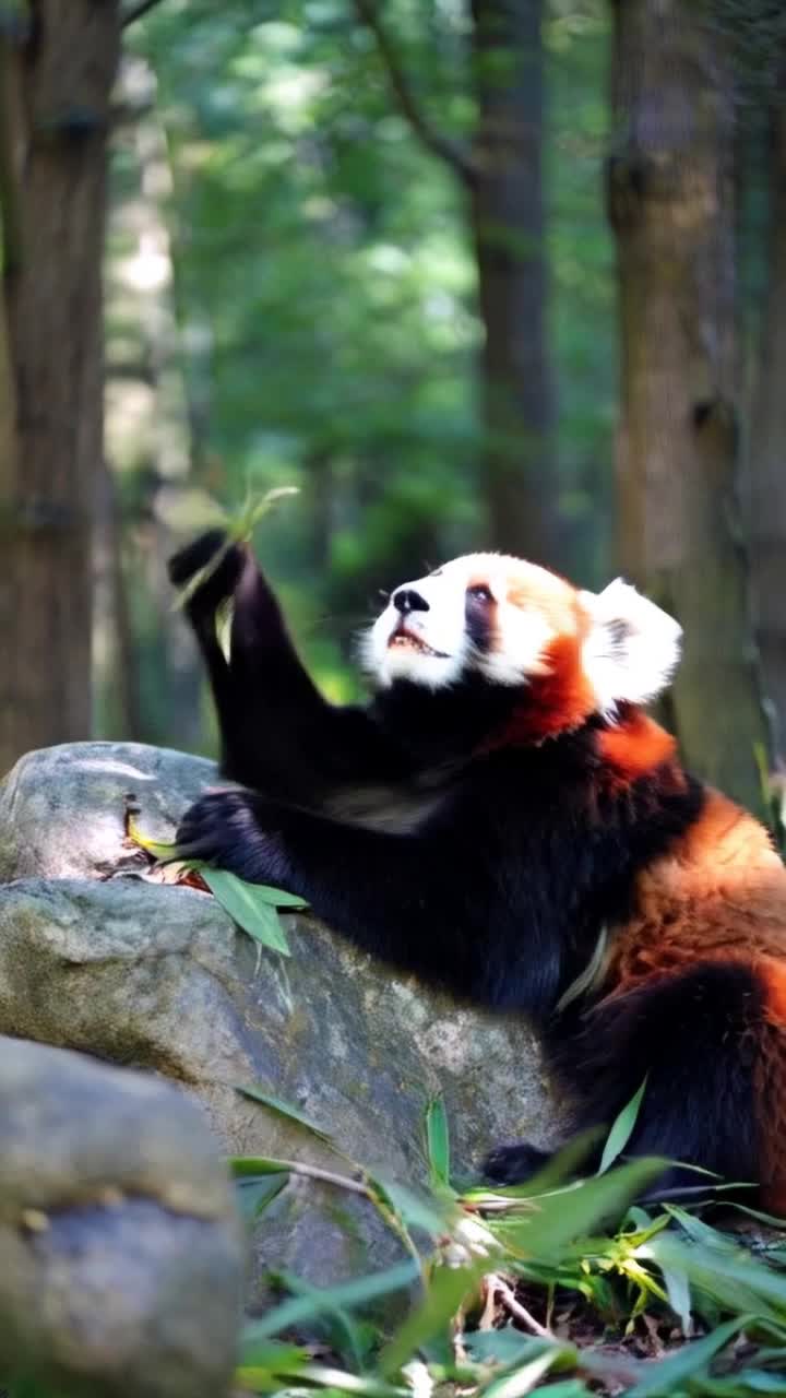 Vibrant red panda nestled on lush green foliage munching tender bamboo leaves playfully arching its back against a smooth weathered boulder glistening in dappled sunlight surrounded by a serene forest filled with tall swaying trees and chirping birds gentle rustle of leaves whispers soft melodies adding to tranquil atmosphere
