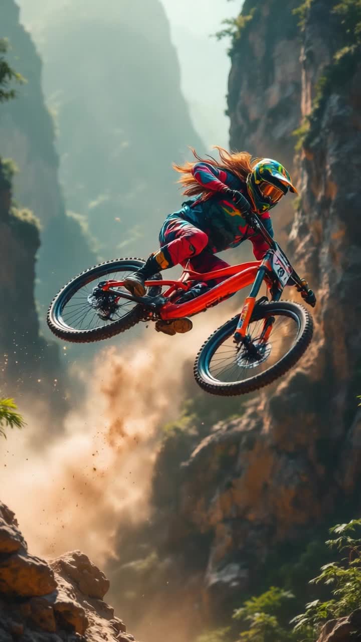 Mountain biker soaring high above a rocky gorge vibrant colors radiating from protective gear adrenaline pumping through every muscle Extreme aerial acrobatics showcasing bold twists and flips Wind whipping through hair as bike rotates in midair capturing jawdropping angles Fearless spirit embodied in this daring maneuver surrounded by towering cliffs and lush greenery underscoring natures beauty Thrilling soundtrack echoing excitement heightening heartracing moments Splashes of dirt and dust trailing behind as biker lands effortlessly creating a mesmerizing spectacle of speed and skill