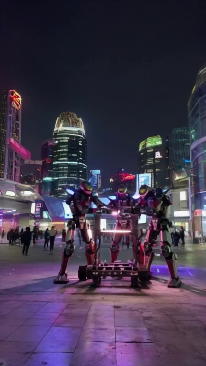 Squad of sleek space-age robots humming with energy synchronized movements crafting intricate machinery shining metallic surfaces glinting under vibrantly pulsing neon lights futuristic skyline towering above hidden secrets lurking in the shadows holographic advertisements flickering vibrant colors shimmering puddles reflecting the chaos of a bustling cyberpunk metropolis streets teeming with life under a darkened sky electric ambiance creating a symphony of sounds blending with whirring gears and clanking metal