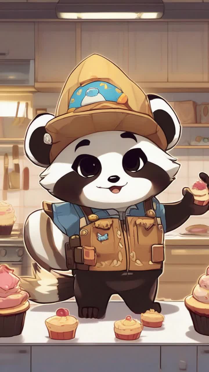 Anine style chubby little boy wearing a raccoon hat and cowboy outfit pats his cap gun in his side holster as he passes through a kitchen, past a box of cupcakes, he waves his other hand bye at the cupcakes,, he has willpower and does not need them Sun is shining in the kitchen window to gleem on the glowing fur of a golden panda standing near the box, shrugging as a rad panda glowers cutely in a dim corner, putting a paw out to await being handed a cupcake   The golden panda smiles