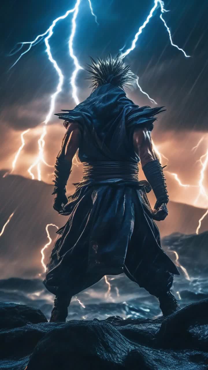 chosen spiritual ninja with spikey hair radiating atomic blue energy flexes his muscles and shoots photon blasts at evil demon lord