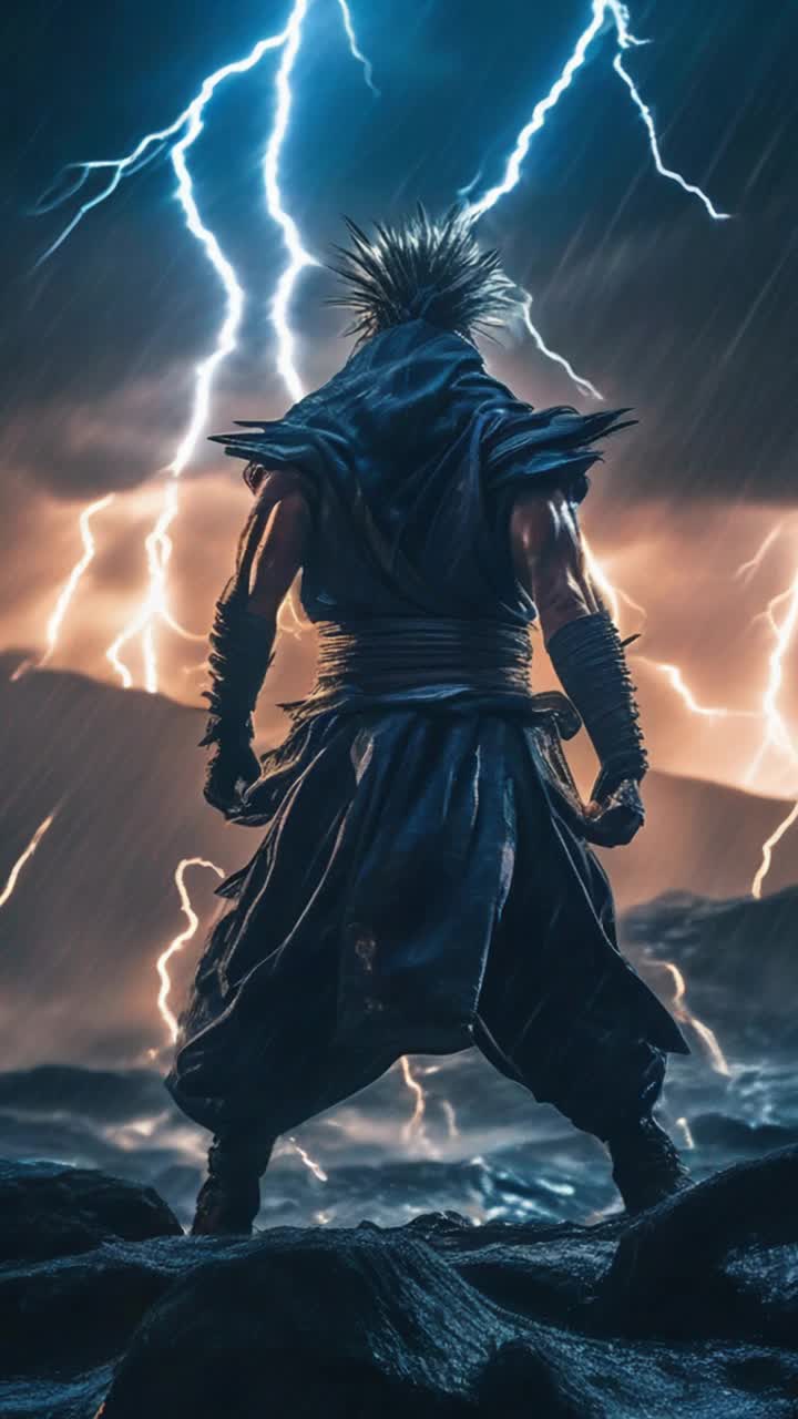 Chosen spiritual ninja with spiky hair crackling with atomic blue energy lunges forward muscles flexing unleashing a torrent of vibrant photon blasts streaking through the air towards towering ominous evil demon lord perched atop jagged black cliffs under a swirling stormy sky illuminated by flashes of lightning fierce winds howling creating an atmosphere of impending clash shadows dancing across the ground as the pulse of energy surges through the ninja's body preparing for an epic showdown