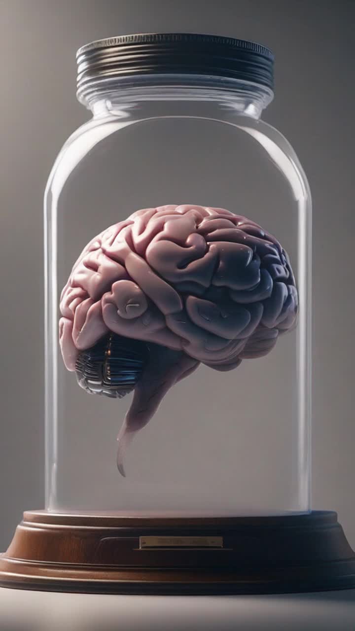 A brain in a jar giving a speech at a podium 