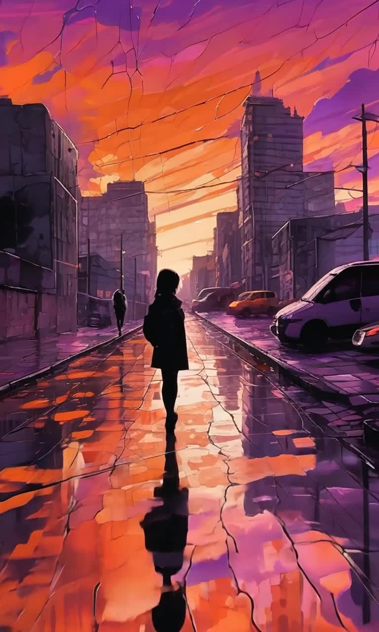 Vibrant sunset hues of orange pink and purple fill the sky intense shadows of ancient footsteps dance across cracked pavement spectral silhouettes of past wanderers flicker among jagged concrete structures urban landscape sprawling beneath darkening sky buildings loom above creating a poetic contrast shimmering reflections ripple on puddles remnants of rain glisten like jewels soft breeze carries whispers of forgotten stories as twilight embraces the scene