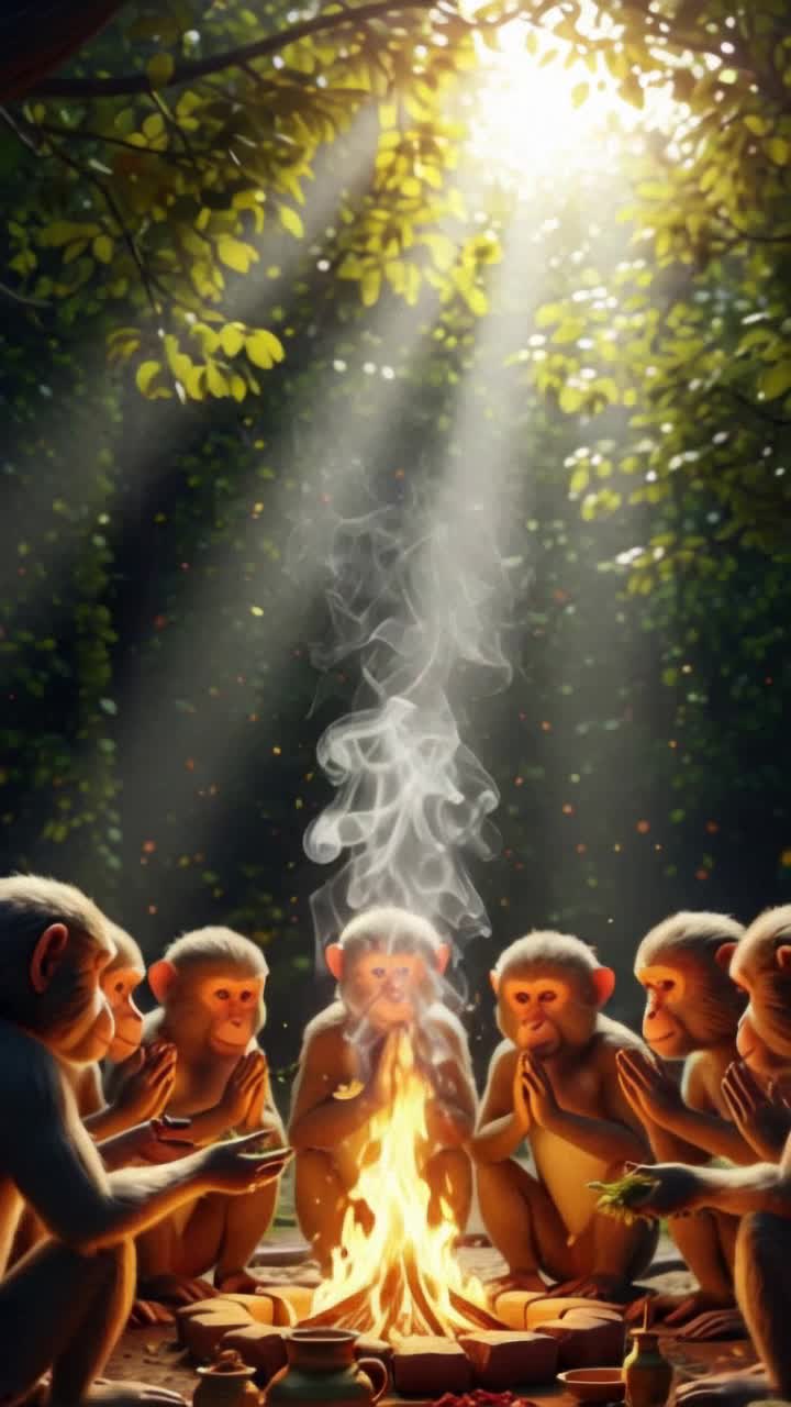 Curious monkeys in intricate tribal patterns creating a circle around flickering holy fire, intently offering ghee and vibrant herbs, echoing rhythmic chants with fervent devotion, wisps of smoke curling upward, ethereal light streaming through lush green trees, enchanting forest backdrop alive with vibrant colors, sparkling with divine energy, serene wildlife sounds accompanying their sacred ritual, mesmerizing ultrarealistic cinematic visuals pulsing with life, 4K 3D portrait highlighting every detail, magical atmosphere intertwined with spirituality, transcending the ordinary, immersing viewers in an extraordinary experience of nature and reverence