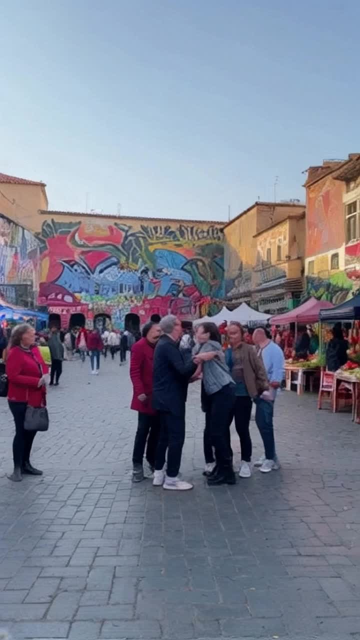 Diverse crowd of people from different cultures animatedly interacting together in a vibrant public square surrounded by colorful street art lively market stalls filled with fresh produce music wafting through the air laughter and chatter creating a joyful atmosphere