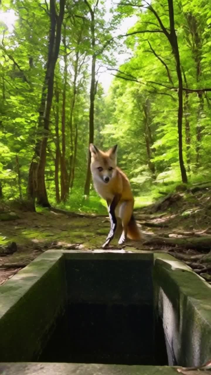 A clever fox accidentally falling into a deep stone well in the middle of a lush green forest, shocked expression on her face, bright daylight filtering through trees, high detail fur, 4K ultra HD, cinematic lighting, vertical 916 aspect ratio