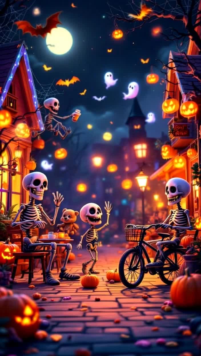 Cartoonstyle, colorful Halloween scene Funny skeletons doing everyday activities  brushing teeth, cooking breakfast, walking dogs, riding bicycles, and chatting at a caf  all in a spooky yet cheerful Halloween town Bright orange pumpkins, floating ghosts, and candy scattered around Each skeleton has a silly grin, exaggerated cartoon gestures, and expressive poses The environment glows with neon purple and orange lights, cobwebs and bats fluttering playfully in the background Whimsical atmosphere, comedic timing, and smooth, bouncy animation feel Dynamic camera angles with quick zooms and pans for humor Soft lighting with pastel shadows, vibrant contrast, and a cozy Halloween vibe