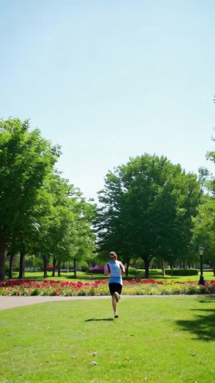 Vibrant runner in athletic gear sprinting with determination Energetic strides powering forward in a bright sunlit park Surrounded by lush green trees swaying softly in the gentle breeze Colorful flowers blooming along the winding path Birds soaring overhead adding to the lively atmosphere