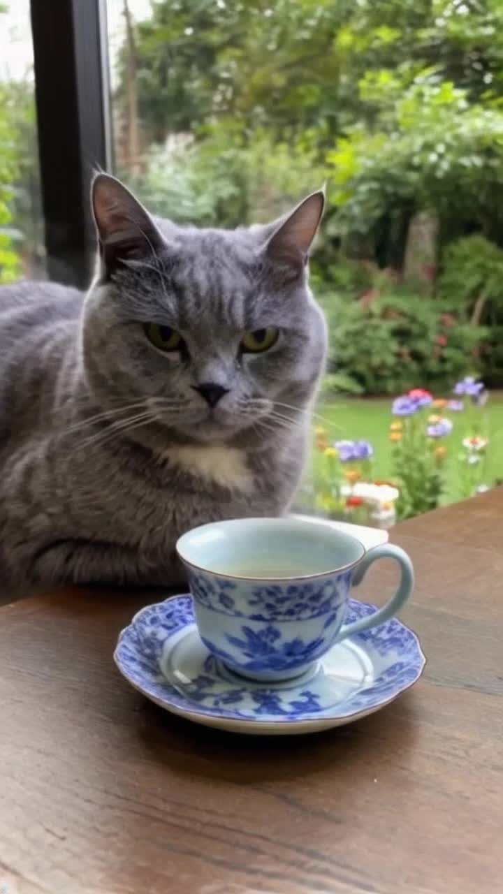 A gray tabby cat sits at a little table that has a Blue Willow china tea pot and Blue Willow tea cup in saucer Steam gently forms above spout and cup The gray tabby is writing in a purple hardcover journal with an average pen, stops to take a careful sip of tea from the cup and place the cup back on the saucer, glance out the nearby eye level windows where a lush flower garden and butterflies are visible 