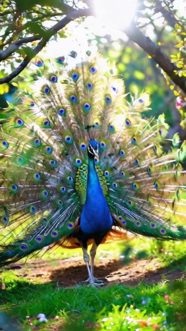 Majestic peacock strutting proudly revealing magnificent radiant plumage showcasing vibrant hues of blue green gold Tail feathers shimmer elegantly under brilliant sunlight each eyelike pattern dances capturing mesmerized onlookers Lush garden alive with blooming flowers swaying gently in soft breeze leaves rustling creating a tranquil enchanting atmosphere Golden rays filtering through blossoming tree branches casting playful shadows over vibrant petals adding depth to this captivating scene