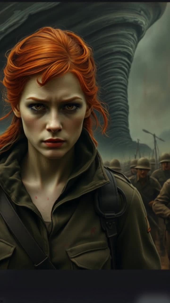 A beautiful redheaded woman, marching to war, world War 2 gear being worn, tired yet determined look on her face, background a dark tornado blows past