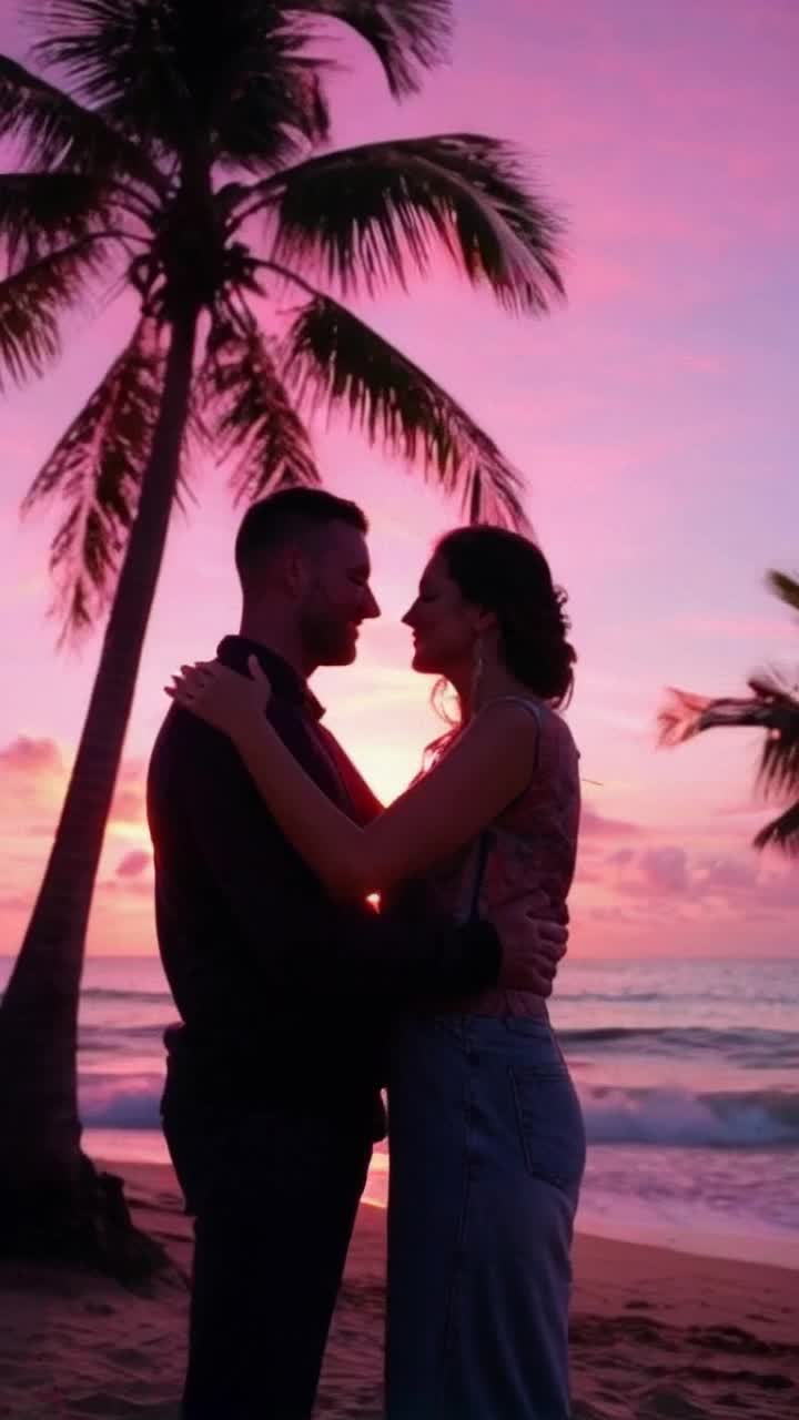 Two lovers entwined in a passionate embrace sharing a tender kiss Magenta sunset paints the sky casting golden hues on the couples faces as soft waves crash on a secluded beach palm trees sway gently in the warm breeze highlighting the intimacy of the moment