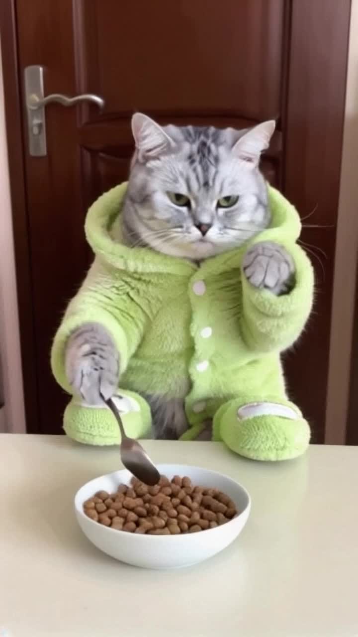 The uniform of an animated  anime gray tabby housecat, wearing a bright green terry cloth robe and matching slippers on hind paws, sitting in a chair like a human at a kitchen table with a bowl of kitty kibbles and a spoon, the cat gently swings her feet in a relaxing manner