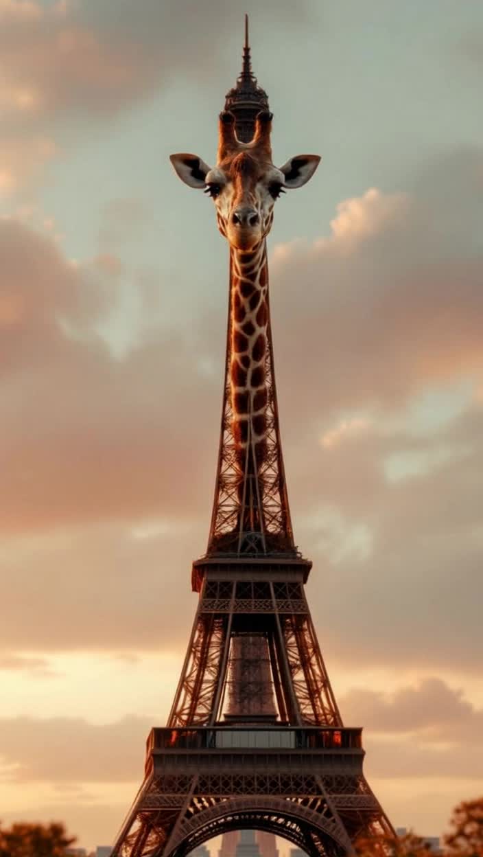 Giraffe standing in front of Eiffel tower 