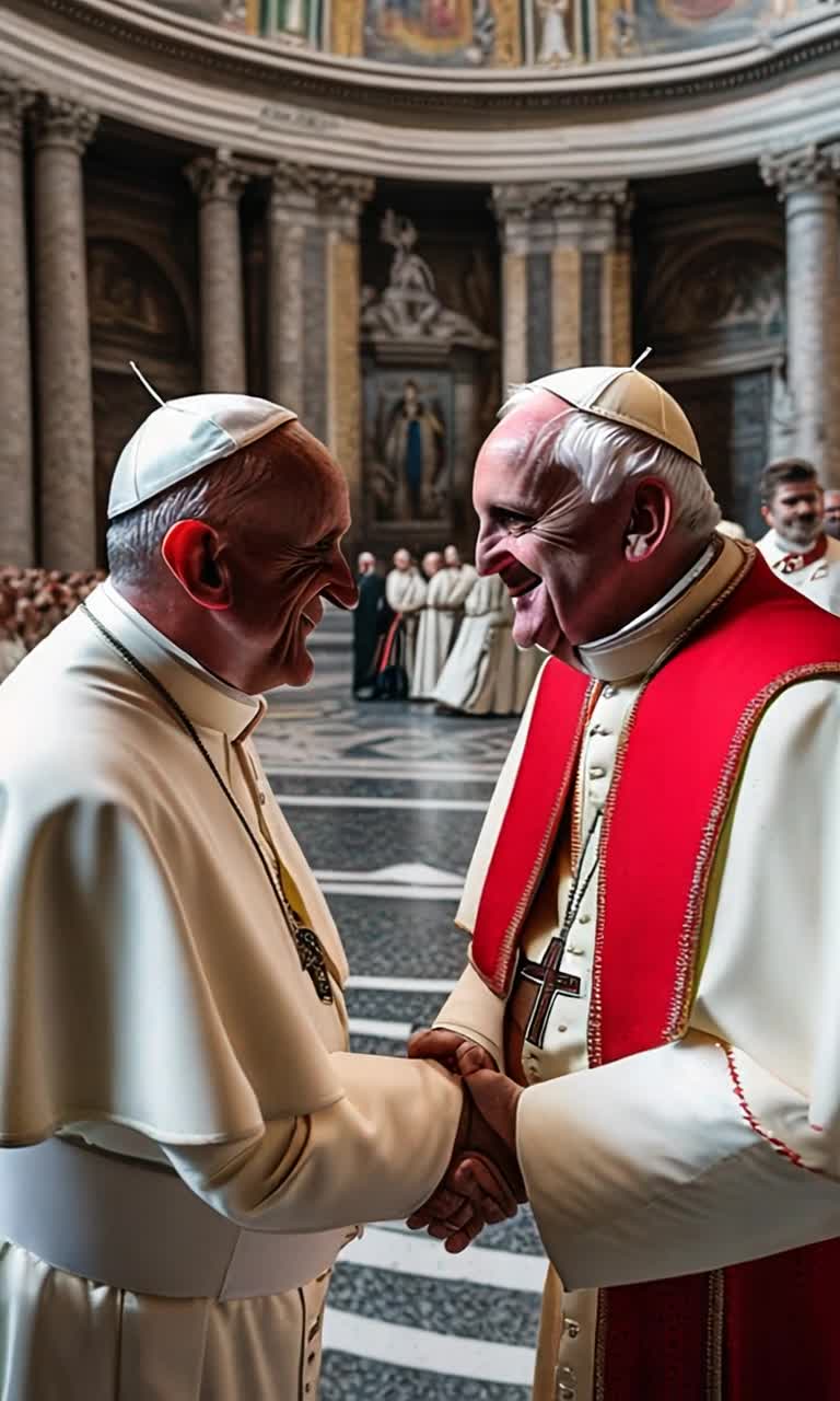 The pope is shaking hands with an alien dressed as a cardinal they are in Rome at the basilica 