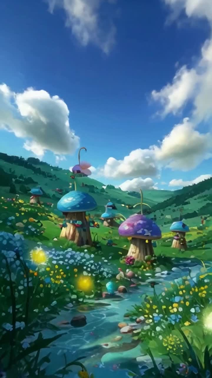 Delightful village filled with vibrant mushroom houses in various sizes scattered throughout lush green fields colorful blue smurfs busily going about their day gathering berries playing games painting flowers intricate details of charming cottages with whimsical curved roofs surrounded by blooming gardens under a bright blue sky fluffy white clouds drifting lazily above a sparkling brook babbling softly nearby adding to the enchanting atmosphere of this magical land filled with laughter and joy