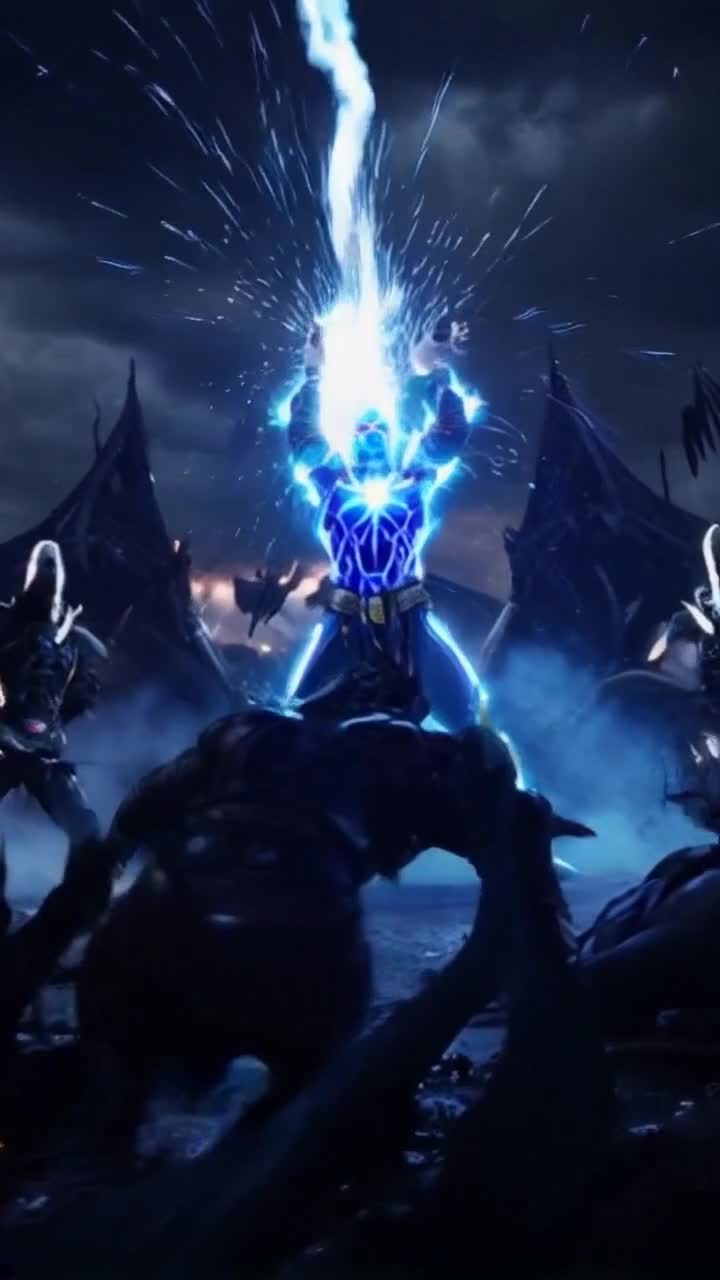 High vibrational warrior with spiky electric blue hair glowing with atomic energy stands fiercely flexing bulging muscles striking powerful hero pose bursting with intensity Radiates pulsating energy waves that shimmer and crackle illuminating surrounding darkness Launches arcs of bright energy toward shadowy demonic figures writhing in chaos sleek urban battlefield lit by a neon skyline glowing under a starlit sky swirling mists of ethereal energy clash against looming skyscrapers dramatic contrast of light and shadow enveloping the scene