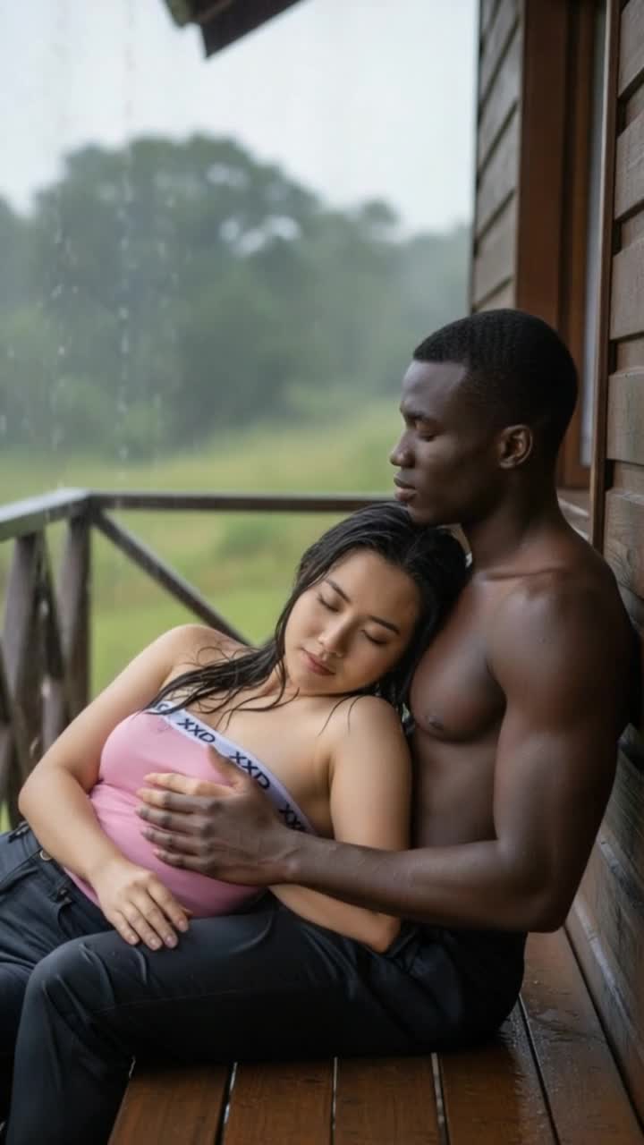 heavy rain, man massages womans chest
