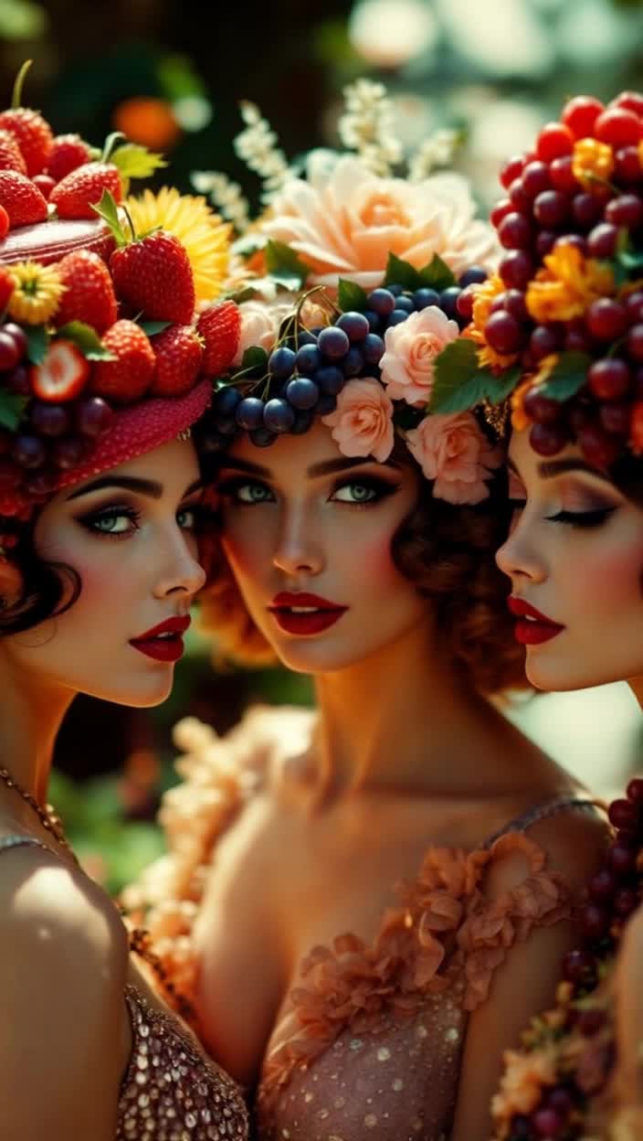  1920sstyle Rubenesque females wearing whimsical hats crafted from vibrant, hyperdetailed food items like a strawberrytopped cake or a cluster of grapes Rendered with the meticulous detail and magnificent aesthetic of vintage fashion illustration, with soft, dramatic lighting and a rich, saturated color palette, in the style of Gil Elvgren and Alberto Vargas Cinematic, striking, concept art