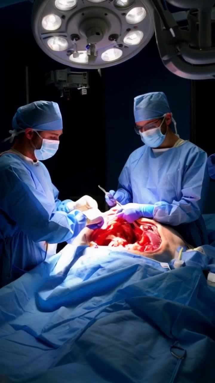 Intricate surgical scene revealing a complex rib cage A skilled surgeon delicately uncovers the cavity with precision tools Focused expressions of medical professionals in scrubs illuminated by bright overhead lights