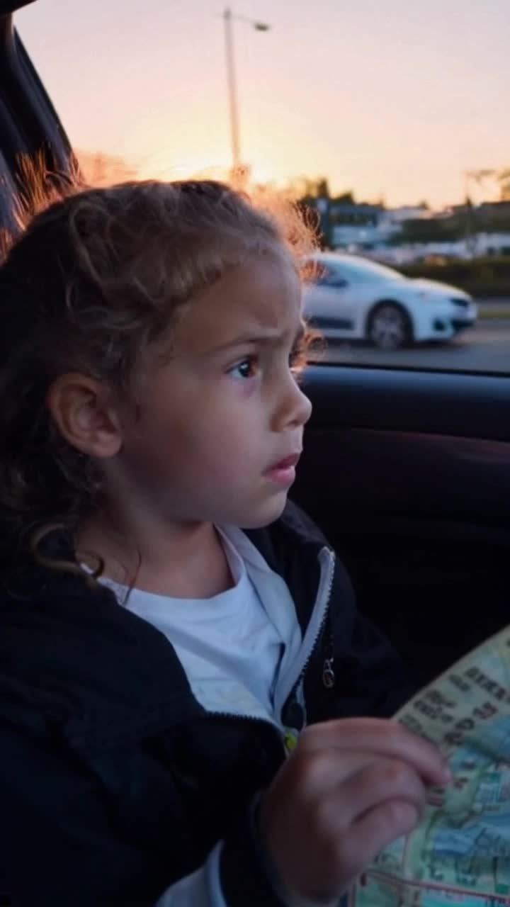 Teenage girl with tangled hair fidgeting nervously in her seat eyes wide with anticipation darting between speeding cars sister rummaging through maps with mounting urgency sun setting behind distant skyscrapers casting long shadows on bustling street corner