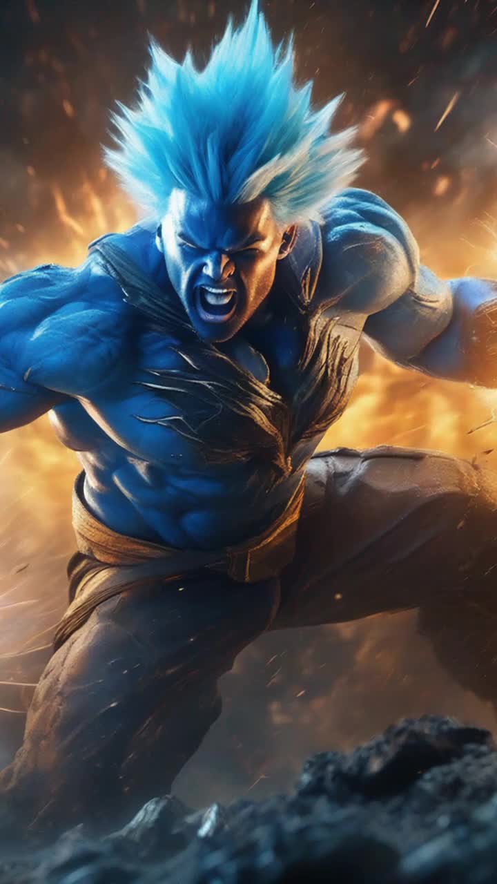 High vibrational warrior with vibrant spiky hair pulsating with atomic blue energy emanates powerful electric charges flexing bulging muscles striking an iconic hero pose radiating strength determination ready for battle surges forward with intensity rockets into chaotic fray surrounded by swirling energy arcs electrifying atmosphere contrasting shadows bright neon lights echoing distant sounds of conflict