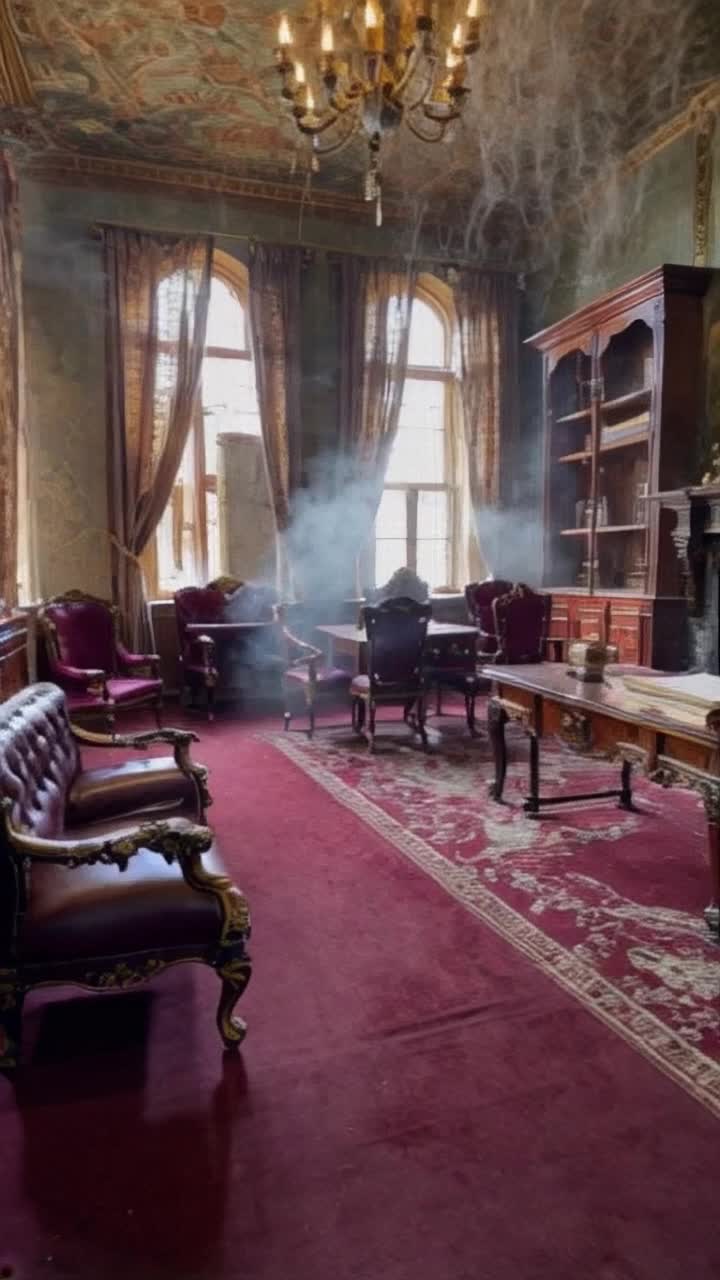 An ancient English mansion in Britain in a room that served as a beatiful resplendant library There is a  large beautiful marble fireplace, a predominantly maroon turkish carpet,  large leaded windows with rotted draperies  There are lovely old marble tables ,wooden shelves and old wooden and leather furniture from 1865 The entire room is neglected with huge cobwebs A thin tall foglike whispy wraith is drifting in and out of the room there a suggestion of old fashioned female clothes