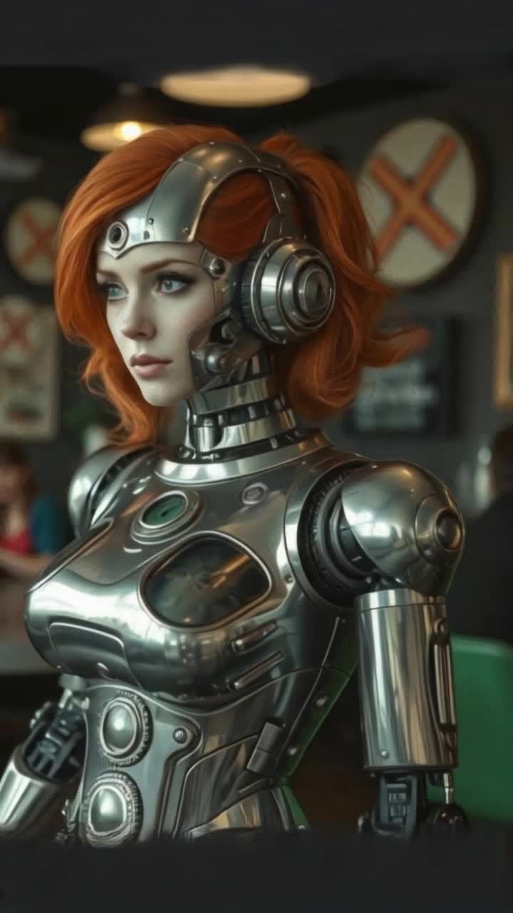 A beautiful red head woman, as a robot, siver metal and working gears visually as her body, she angrily walks, a Tim burton background, shes angrily saying goodbye to her good side and hello to her evil side