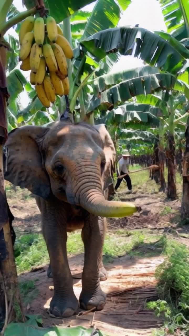 Adorable baby elephant with big expressive eyes munching on ripe golden bananas swinging from branches in lush green banana farm Startled farmer gripping a broom dashes in pursuit amidst vibrant rows of banana trees Energetic chase unfolds with swaying trunks and playful leaps golden sunlight filtering through foliage casting whimsical shadows creating a lively atmosphere filled with laughter and surprise