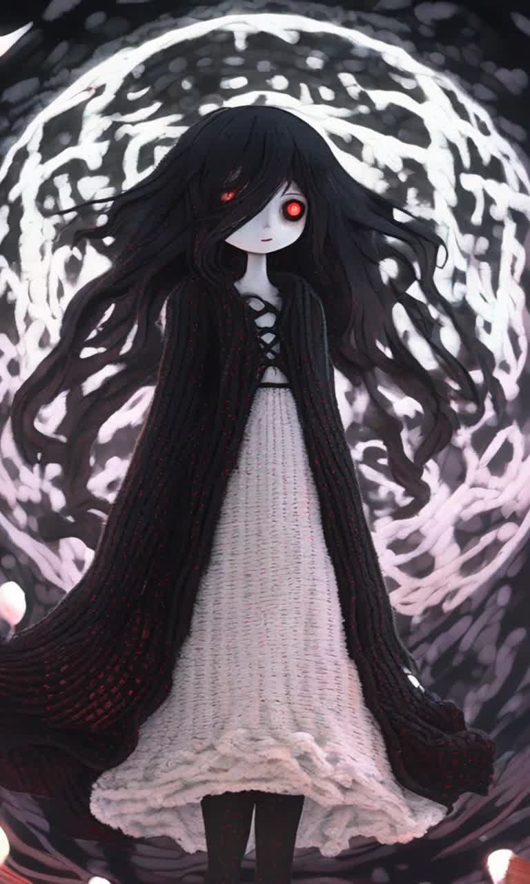 spooky shadowy ethereal knitted shadow girl staring at you, glowing ethereally, black knitted face, knitted white eyes, barefoot translucent black knitted feet, shadowy body, floating, shadowy black knitted skin, shadowy black ethereal patchwork dress, crimson bow in her shadowy black yarn hair, expansive white stitched mouth, smoky felt mist flowing around her, whimsical knitted felt fantasy concept art