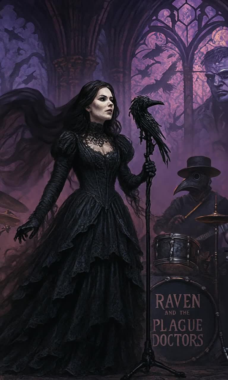 A dark gothic metal band bobbing heads rapidly and unison as they plays an erroneous point truth of deception in melodic irony, an amazing spectacle of explosion of gothic style pyrotechnics an epic display combusts in burning sensation behind and around the band as they perform in eerie dark spectacle