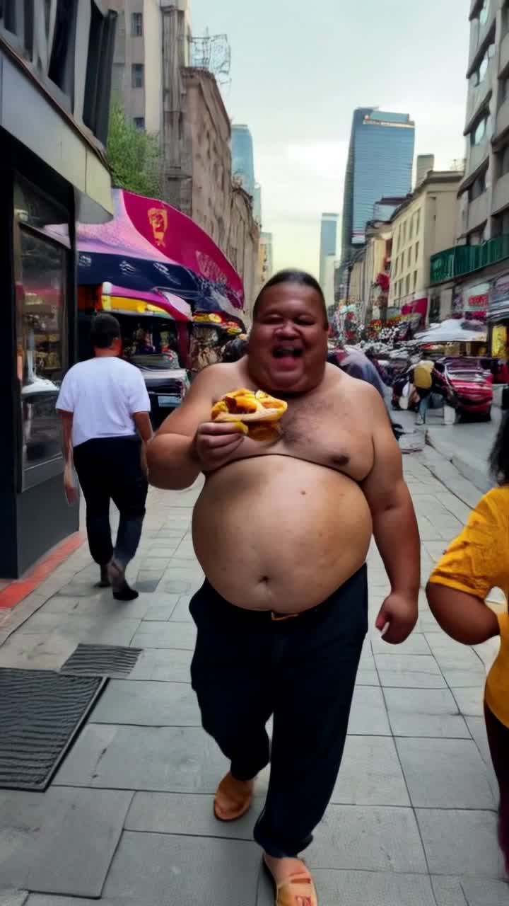 A commercial for a fast food chain featuring a fat man walking down the city sidewalk holding a cheeseburger and eating said cheeseburger 
