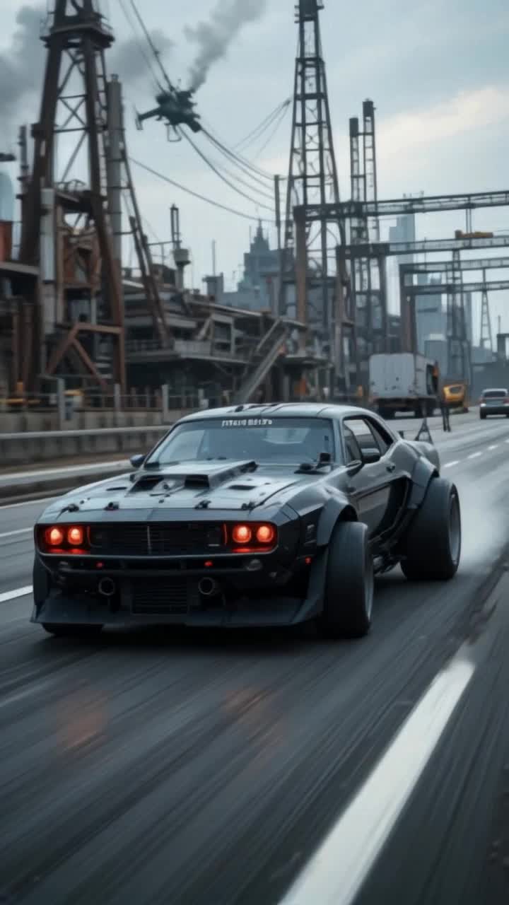 The car speeds through an industrial highway, its powerful engine rumbling like a beast