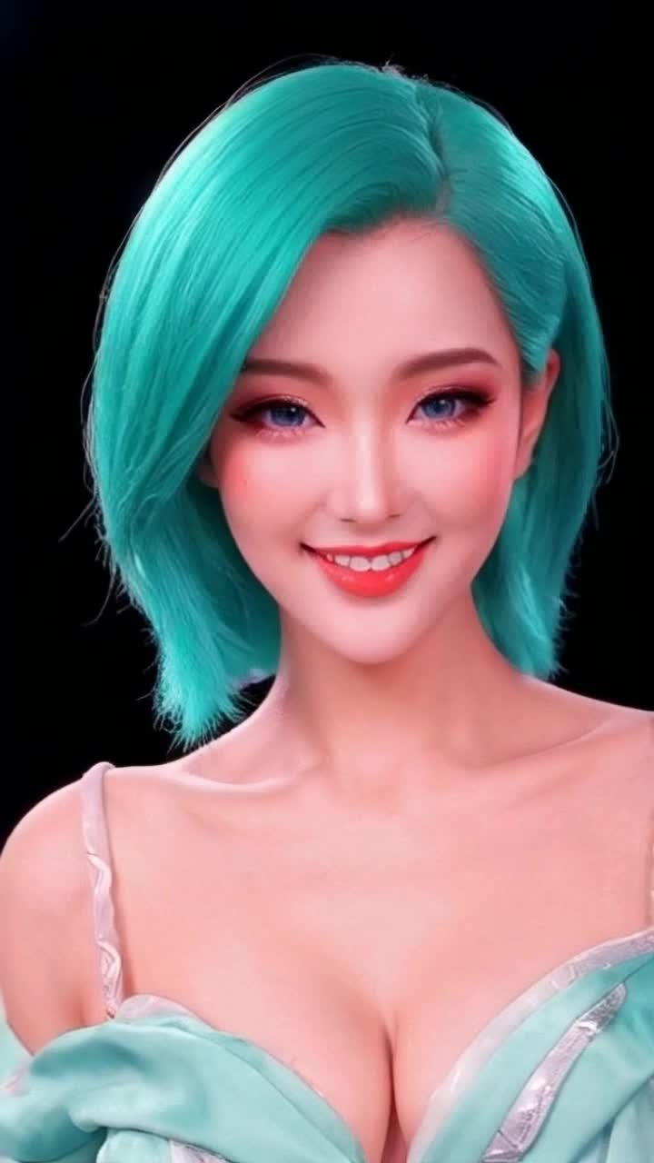 Anime style of Hatsune Miku with her vibrant turquoise hair and adorned in a stylish, flowing blouse leans down gracefully with a warm inviting smile radiating joy, She captivates her audience her eyes sparkling with playful mischief