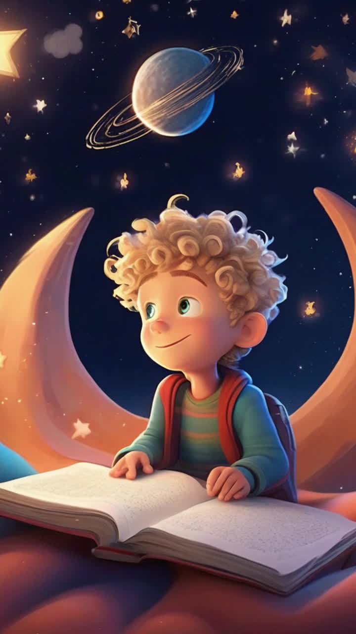Little boy with sandy blonde curly hair hazel green eyes snuggled in vibrant blanket on oversized beanbag chair gazing up with wideeyed wonder Hand gripping flashlight illuminating nearby notebook filled with intricate rocket sketches High above breathtaking night sky sparkling with twinkling stars luminous glowing moon swirling galaxies casting enchanting glow creating dreamy magical atmosphere reminiscent of cherished animated tales shimmering with nostalgia