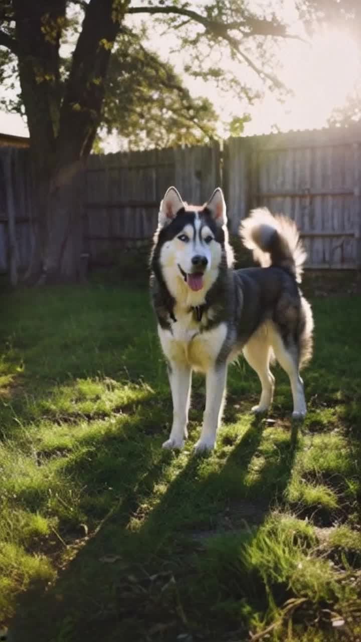 Majestic husky standing proudly with piercing azure eyes shimmering coat tail waving like a battle banner Powerful stance radiating unyielding determination Gradual zoomin enhancing fierce intensity Shadows dancing amongst wild overgrown backyard lush green grass swaying gently in the warm breeze Weathered fences telling stories of past escapades Golden sunlight streaming through towering trees enveloping scene in a cinematic glow