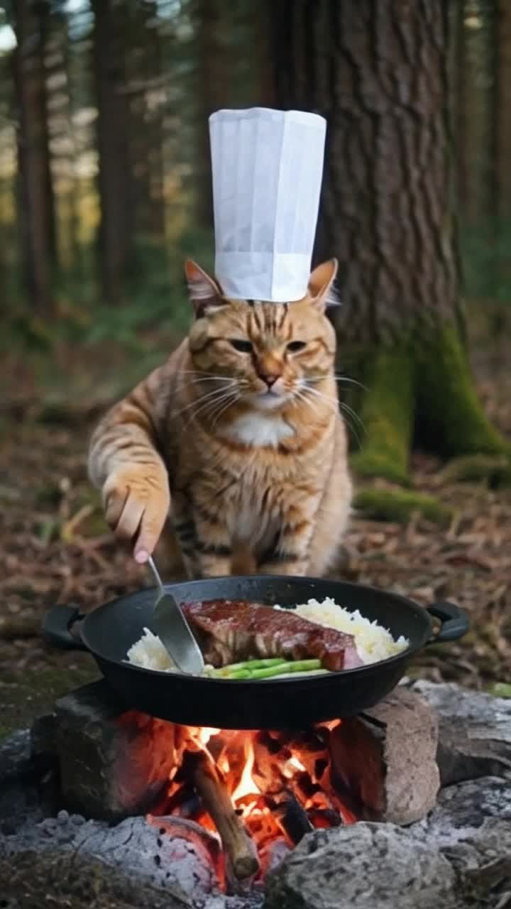 Cat cooking preparing steak with asparagus and rice in a forest