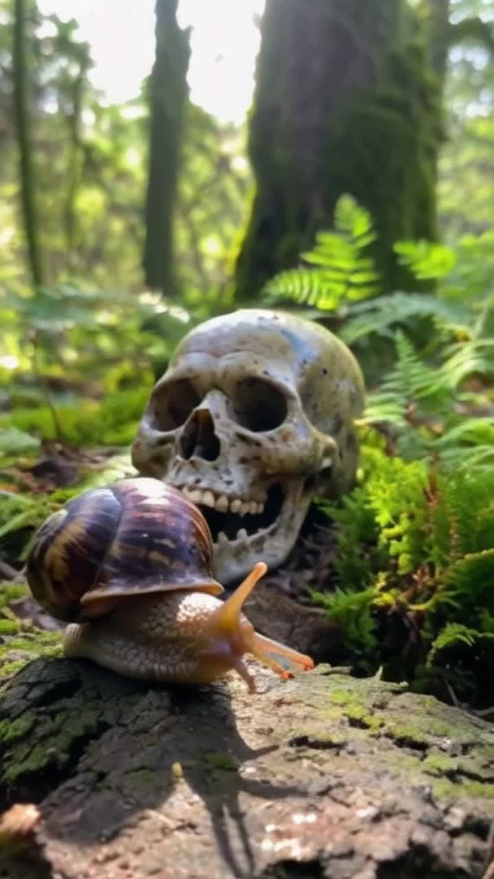 Porcupine snail adorned with spiky shell gliding gracefully Mossy skull nestled among vibrant green ferns under dappled sunlight Filtering through ancient trees creating a mystical woodland atmosphere Soft sounds of nature surround with gentle rustling leaves and distant birdsong adding to serene ambiance