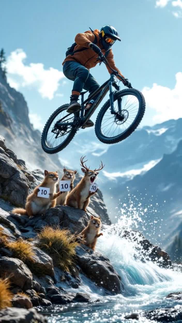 Extremely fast paced, real time, this could all be done within 5 seconds, especially with a little fast forward and editing,  from the top of the mountain bike trail, a midday summit thermos cup of steamy warm coffee in the cool mountain air is chugged with ecstatic enjoyment while sitting on a shiny new black and silver mountain bike, thermos is closed quickly for the quick start of descent down the mountain and picking up speed, even with wildly crazy twists and turns on the bumpy trail, passing startled deer, rabbits and a cougar, an annoyed squirrel flips a bird, oh well, details emphasized on the animals, almost to the end when the front wheel hits a rock, the bike flies up in a loop to come down into the deep cool rushing water of the nearby river, clear blue sky, erratic comical animals faces as they laugh and three lift score cards up, a deer holds a score card of 10 points, the cougar holds a score card of ten  points and a squirrel holds a score card of 10 points, simultaneously synchronized, big smiles of amusement, speed is of the essence Where did that come from The biker is nowhere near the animals that watch and keep score    Where is the laughter of the animals amusement, where are the score cards that each day 10 points Im sorry, can we try one last time to follow the prompt on this Biker lands in the nearby river, animals of deer, cougar and squirrel laugh,  hold up scores of 10 points each, thank you