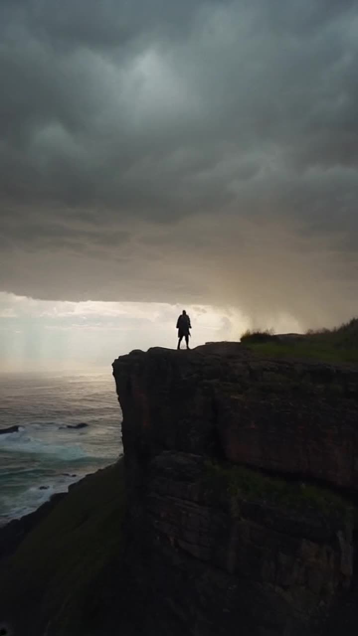 A lone warrior standing on a cliff during a storm, slow zoom in, handheld camera effect, dramatic camera tilt, dark clouds and strong winds, cinematic atmosphere
