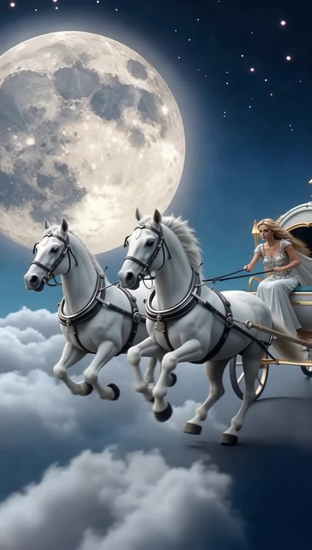 selene the moon goddess riding in her chariot drawn by 2 white horses in the night sky with the giant moon in the background