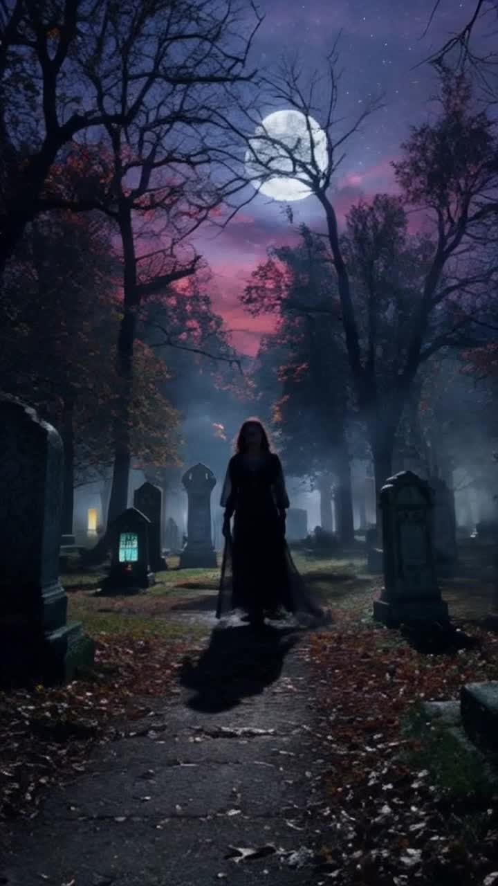Enigmatic figure Abigail adorned in flowing dark attire strides gracefully through misty haunted cemetery shadows swirling around her flowing dress captivating gaze locked forward Ethereal moonlight filters through skeletal branches illuminating weathered tombstones ancient whispers echoing among the fog Flickering lanterns cast eerie glows dancing silhouettes of restless spirits beckoning from beyond graves Rich textures of decaying leaves underfoot enhance chilling ambiance vibrant hues of twilight painting the sky creating a mesmerizing yet haunting masterpiece that enchants horror enthusiasts