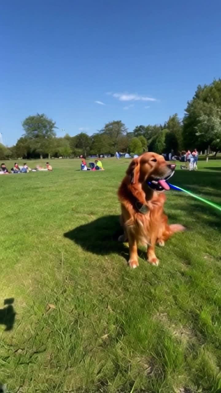 A fluffy golden retriever with playful eyes unleashes vibrant beams of colorful lasers from its nose dazzling onlookers Sparks of light dance through the air creating mesmerizing patterns around excited children in a sunlit park Birds fly overhead in a bright blue sky as laughter echoes from families picnicking on lush green grass