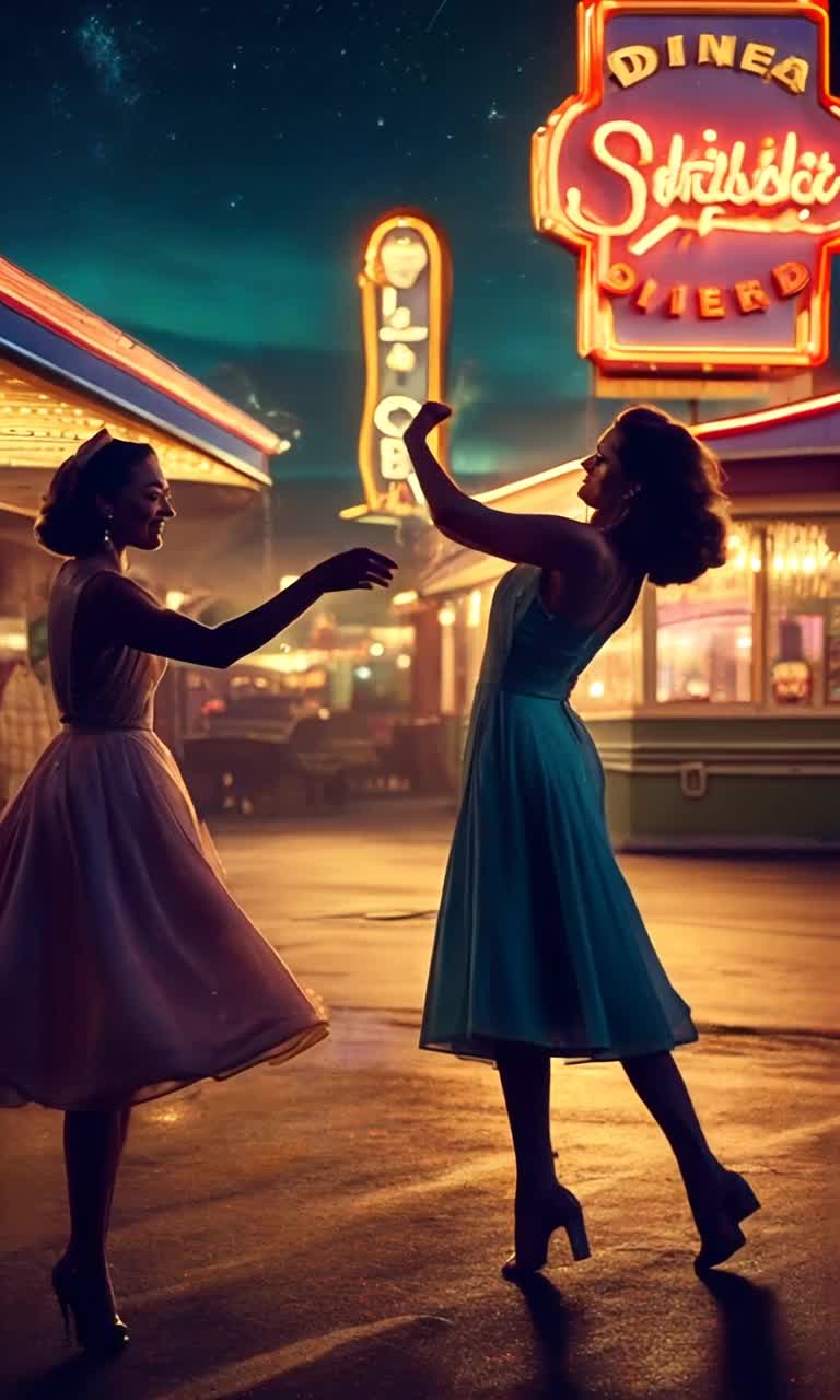 Two elegant women twirling gracefully intertwined in a mesmerizing dance Warm golden glow illuminating their silhouettes flickering streetlight casting playful shadows Gently swaying beneath a breathtaking starry night sky sprinkled with shimmering constellations Vintage diner neon signs glowing softly reflecting vibrant colors of nostalgic Americana surrounding them Creating an ethereal atmosphere inviting echoes of 1960s romance fluttering through the cool night air